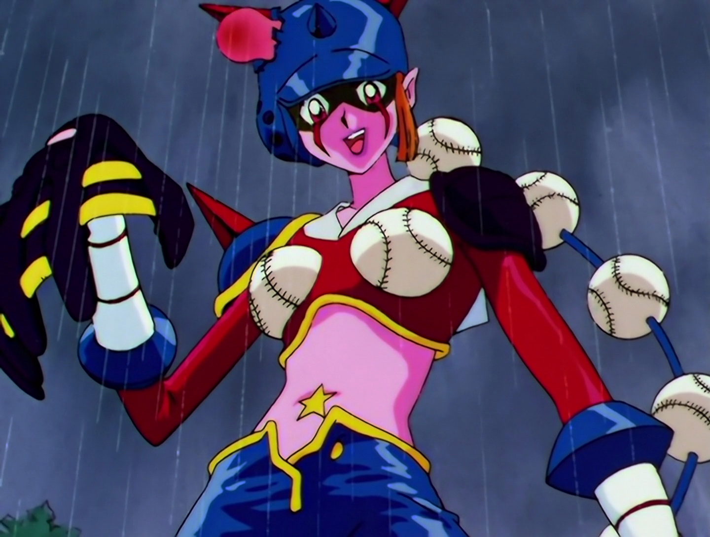 Sailor Leaguer, a Phage from Sailor Moon episode 187. She’s another pink sports gal, but this time we’re doing baseball. She wears a blue helmet, and a red and blue baseball outfit with padding on one shoulder and a spike on the other. Her look also incorporates a number of large baseballs, some of them forming a long ponytail kind of thing coming down from her helmet, and two more as part of her top, sitting on her boobs. This is the kind of absence of subtlety I enjoy in my monster designs. She has a freakishly large catcher’s mitt on one hand, and it’s oddly sinister looking.